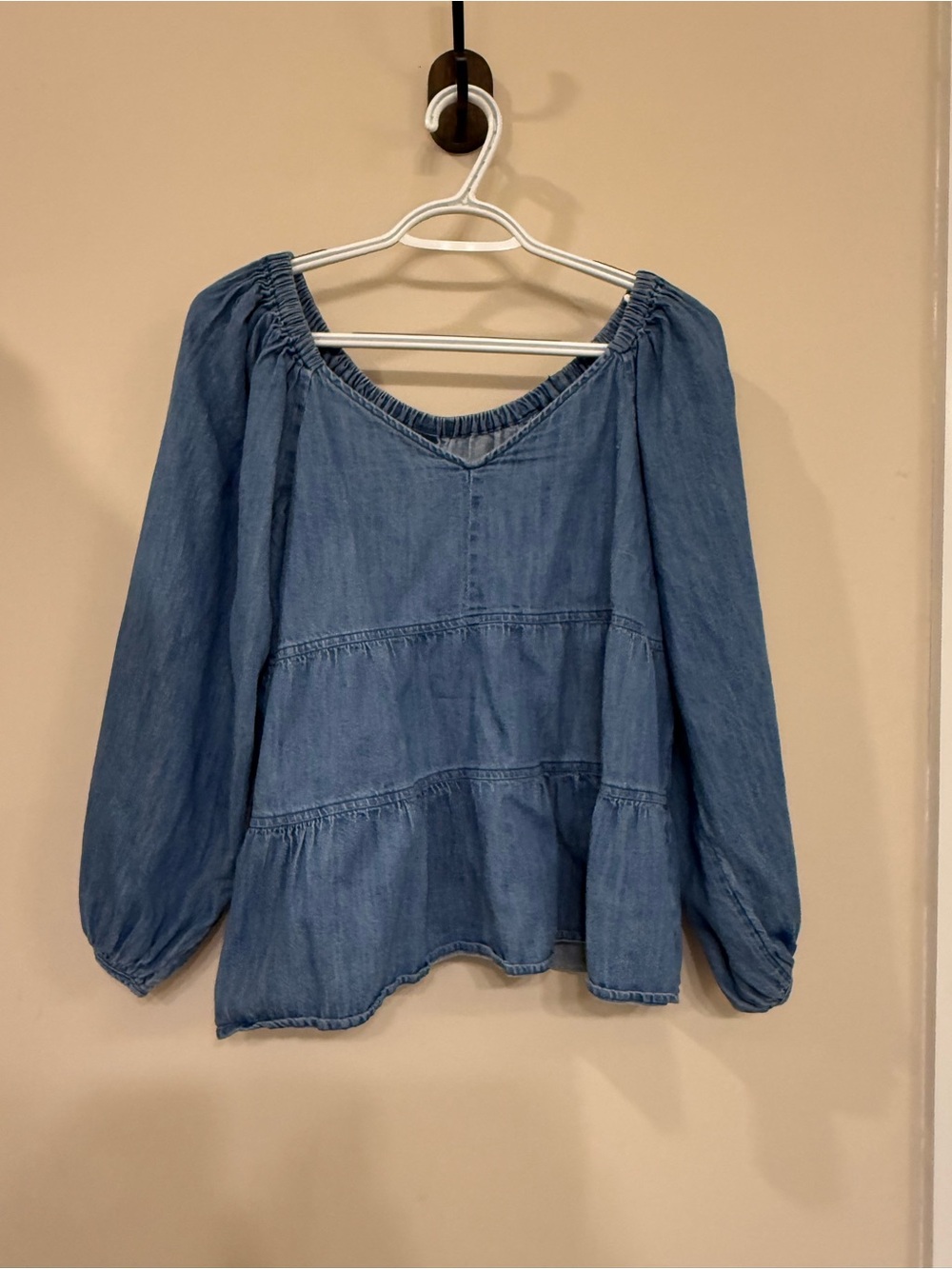 Old Navy Blue Off-Shoulder Tiered Denim Blouse